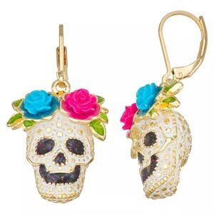 NAPIER Halloween Day of The Dead Skull Multicolor Enamel & Glitter Earrings~NEW!